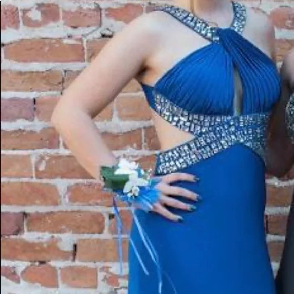 Betsy & Adam dark blue prom dress